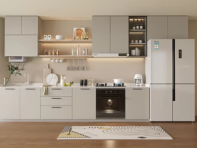 Modern Kitchen Featuring Gray Beige Wall Base Cabinets Countertop Cookware Small Appliances And Refrigerator 3d model