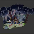 Whimsical Paper Art Forest With Tall Trees Small Cabin Snowy Ground Ladder Fence And Pig