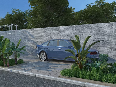 Municipal Road With Paved Sidewalk Blue Sedan Stone Wall And Green Plants 3d model