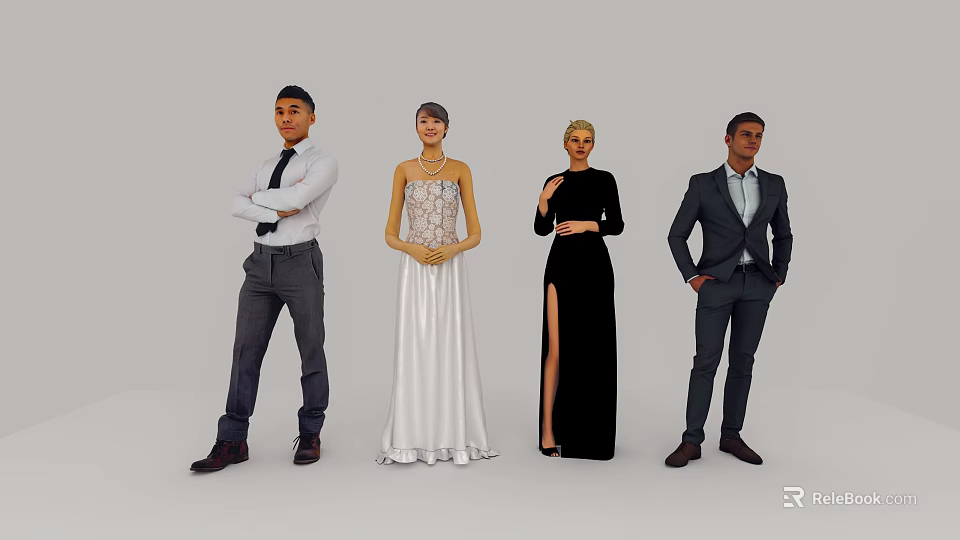 Group of Four People Standing and Posing in Various Formal and Casual Outfits 3d model 