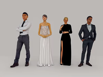 Group of Four People Standing and Posing in Various Formal and Casual Outfits 3d model