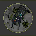 3D Rocky Terrain Scene With Stairs Character Green Plants Blue Structure And Round Base