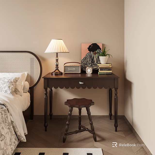 Classic Wooden Desk With Table Lamp Vintage Radio Stack of Books and Wooden Stool Near Bedroom Wall 3d model 