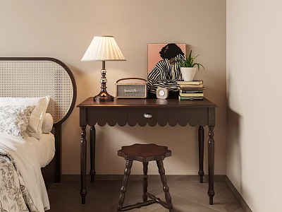 Classic Wooden Desk With Table Lamp Vintage Radio Stack of Books and Wooden Stool Near Bedroom Wall 3d model