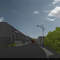 Industrial Factory Building With Metal Exterior Wall Stone Base Large Windows Street Lamp Green Lawn