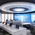 Modern Control Room With Multiple Large Screens Displaying Data Charts Maps And Ergonomic Chairs 3d model