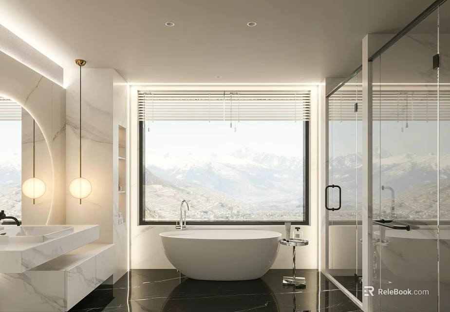 Elegant Modern Bathroom Interior With Marble Vanity Freestanding Bathtub Glass Shower And Panoramic Mountain View 3d model 