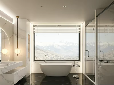 Elegant Modern Bathroom Interior With Marble Vanity Freestanding Bathtub Glass Shower And Panoramic Mountain View 3d model