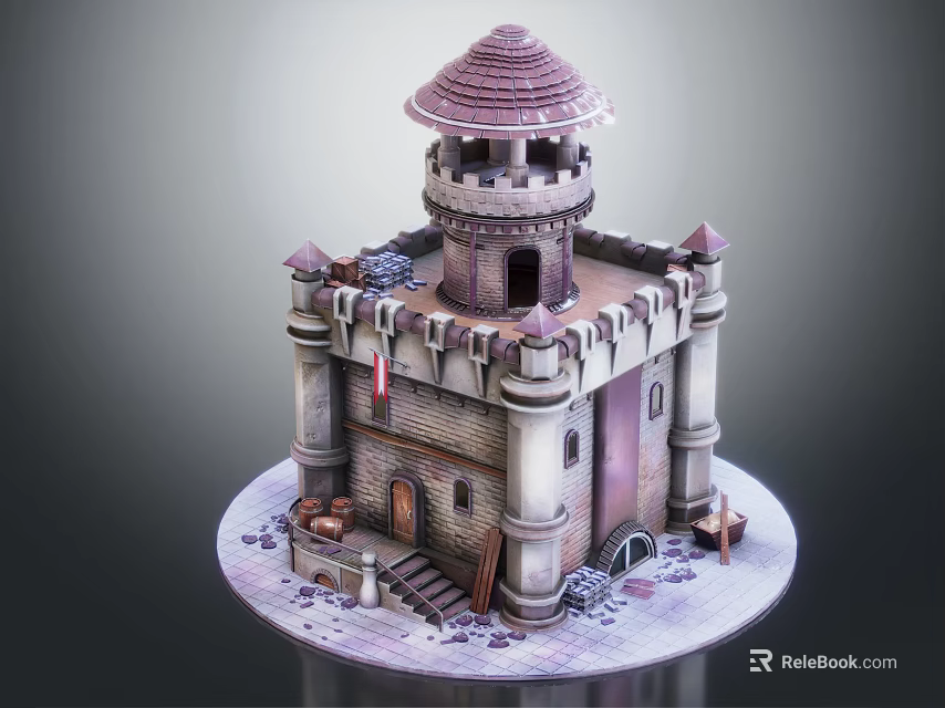 Ancient Castle Tower Architecture With Conical Roof Stone Brick Structure And Stairs 3d model 