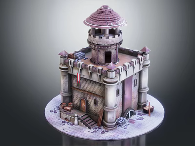 Ancient Castle Tower Architecture With Conical Roof Stone Brick Structure And Stairs 3d model