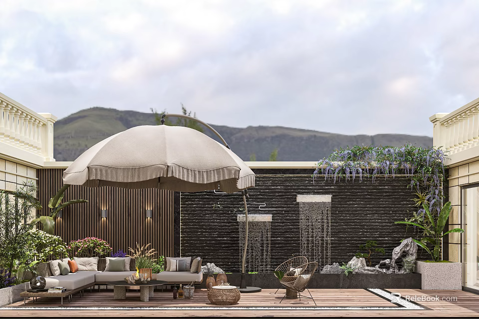 Cozy Terrace Garden Featuring Gray Umbrella Black Stone Wall Waterfall Sofa Chairs Plants Mountain Sky 3d model 