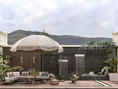 Cozy Terrace Garden Featuring Gray Umbrella Black Stone Wall Waterfall Sofa Chairs Plants Mountain Sky 3d model
