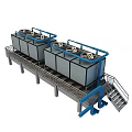 Industrial Air Conditioning Fans With Multiple Units Blue Pipes And Metal Platform