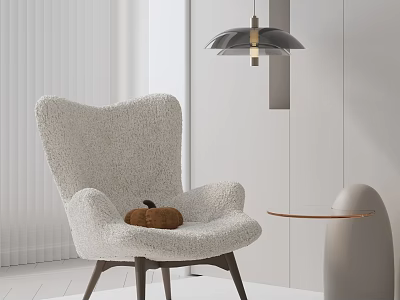 Plush White Leisure Chair With Brown Cushion In Modern Room And Curved Wood Side Table 3d model