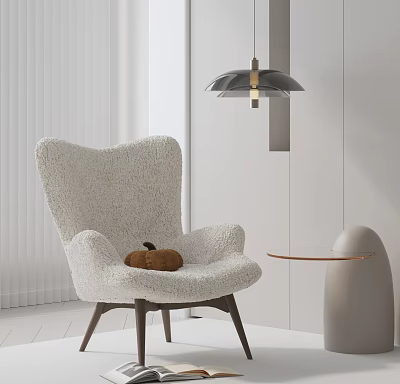 Plush White Leisure Chair With Brown Cushion In Modern Room And Curved Wood Side Table 3d model
