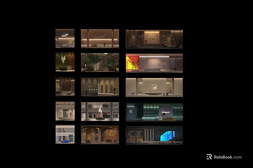 Modern Reception Desk Interior Design With Stylish Counter Lighting And Seating Area 3d model