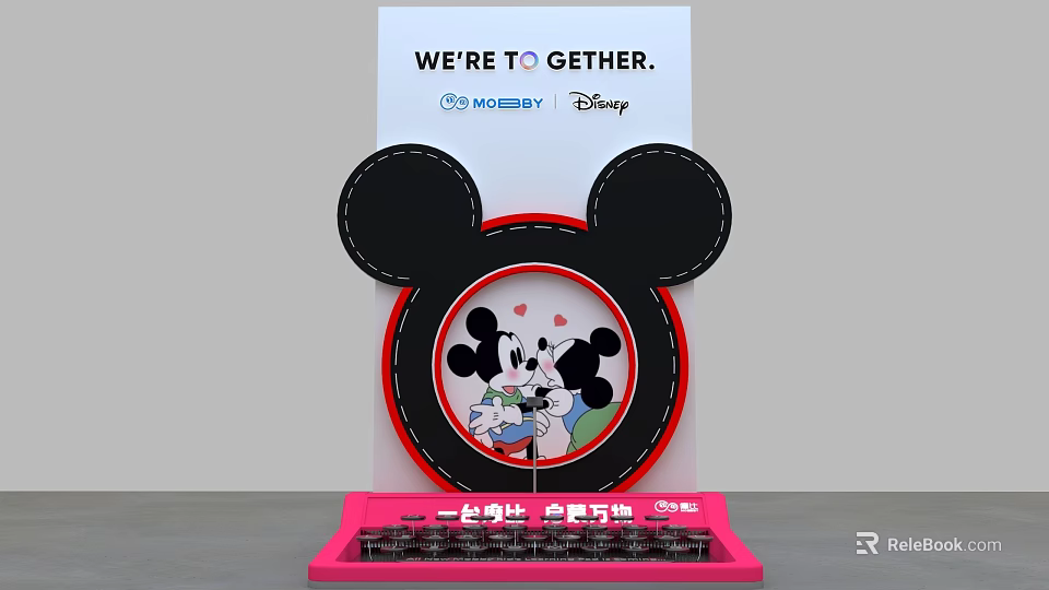 Mickey Ear Shaped Display With Mickey Minnie Cartoon Mooby Disney Collaboration And We're Together Slogan 3d model 