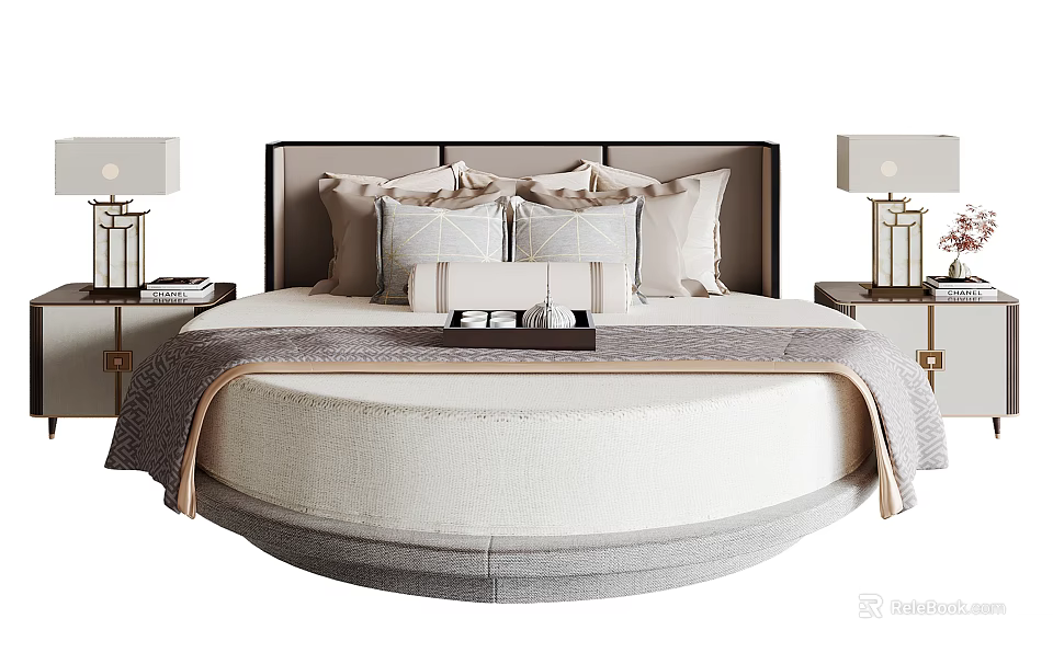Modern Round Bed Interior With Soft Pillows Headboard And Bedside Table Lamps 3d model 