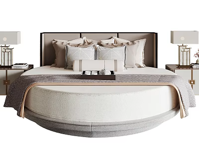 Modern Round Bed Interior With Soft Pillows Headboard And Bedside Table Lamps 3d model