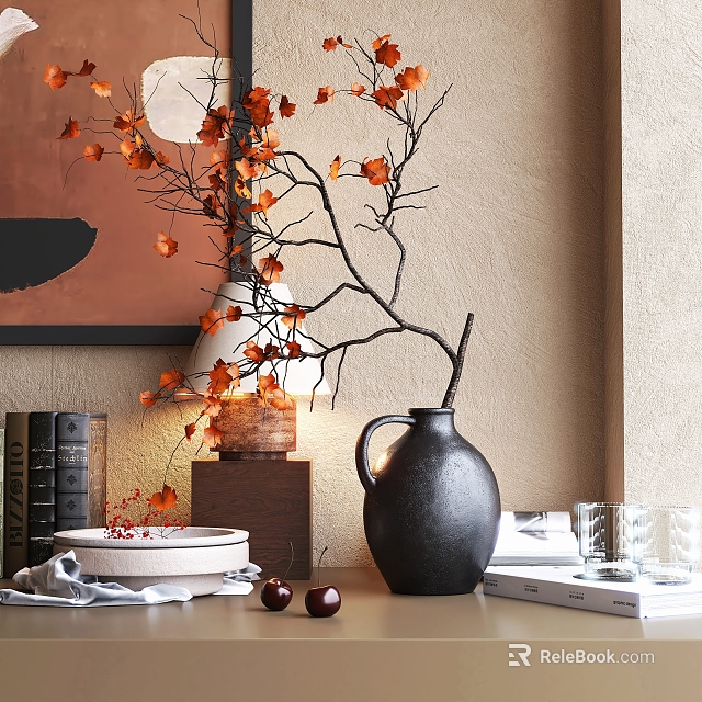 Modern Decorative Ornament Set with Black Vase Orange Leaf Branches White Plate and Books 3d model 