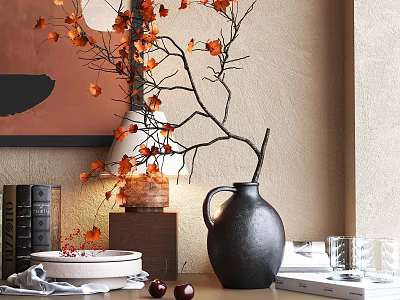 Modern Decorative Ornament Set with Black Vase Orange Leaf Branches White Plate and Books 3d model