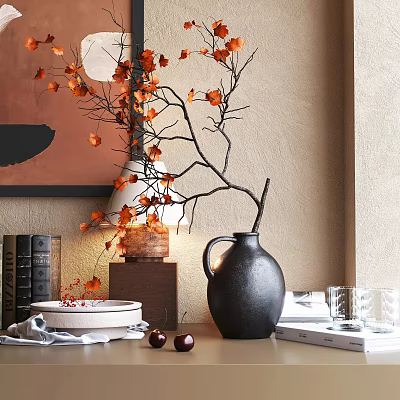 Modern Decorative Ornament Set with Black Vase Orange Leaf Branches White Plate and Books 3d model