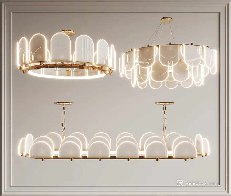 Elegant Modern Chandelier With White Lampshades Golden Metal Frame Suspended Design 3d model 