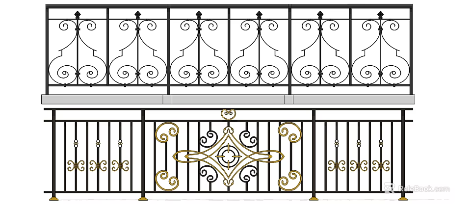 Black Decorative Iron Railing With Intricate Curves And Gold Accents Design 3d model 