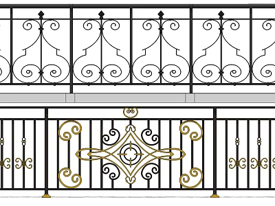 Black Decorative Iron Railing With Intricate Curves And Gold Accents Design 3d model