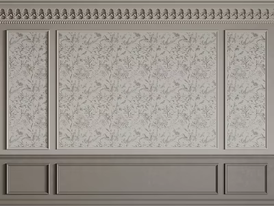 Paneled Gray Bedroom Accent Wall With Floral Pattern And Decorative Molding 3d model