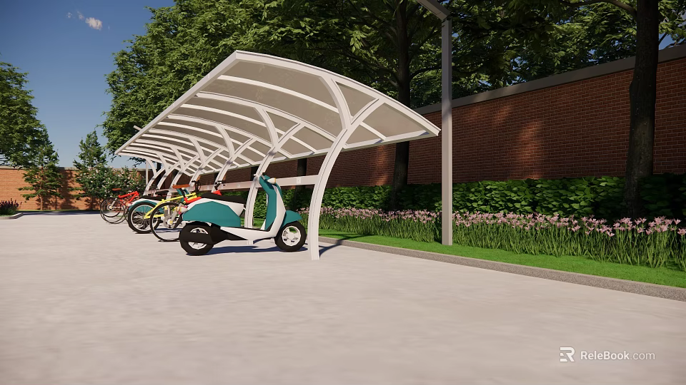 Carport Shade Canopy For Outdoor Parking With Electric Vehicles Green Trees Brick Wall And Lawn 3d model 