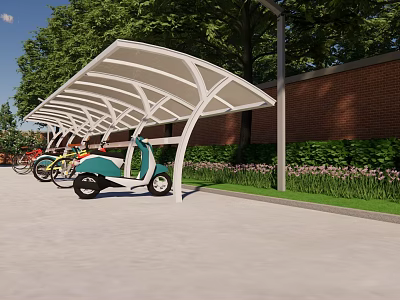 Carport Shade Canopy For Outdoor Parking With Electric Vehicles Green Trees Brick Wall And Lawn 3d model