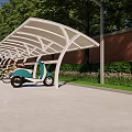Carport Shade Canopy For Outdoor Parking With Electric Vehicles Green Trees Brick Wall And Lawn