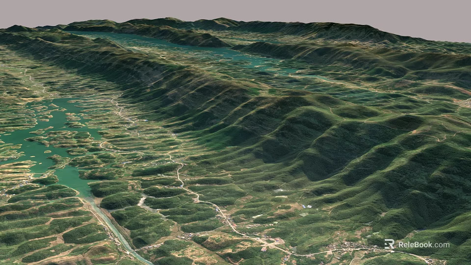 Scenic Garden Landscape With Green Mountains Rivers Winding Roads And Terrace Fields 3d model 