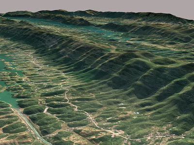 Scenic Garden Landscape With Green Mountains Rivers Winding Roads And Terrace Fields 3d model