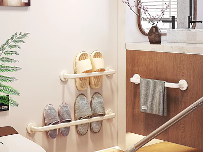Modern Bathroom Accessories With Slipper Racks Towel Holders Organized Slippers And Green Plant 3d model