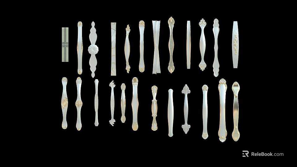 Tech Exhibition Hall Showcasing Various Decorative Metal Cabinet Handles Designs 3d model 
