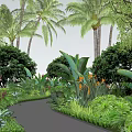 Lush Tropical Garden Path With Banana Leaves Palm Trees And Orange Flowers