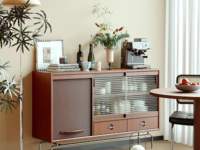 Wooden Sideboard With Glass Doors Dishes Coffee Machine Wine Bottles And Plants In Modern Interior 3d model