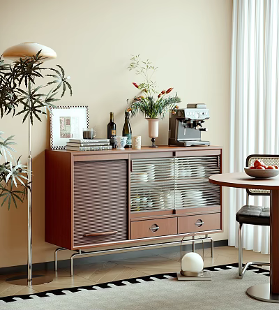 Wooden Sideboard With Glass Doors Dishes Coffee Machine Wine Bottles And Plants In Modern Interior 3d model