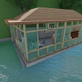 Floating Glass House With Brown Roof Blue Umbrella Trees And Waterfront Deck
