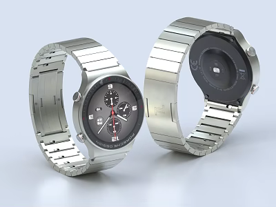 Silver Metal Strap Watch With Black Dial Red Accents Front And Back Views 3d model