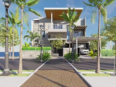 Modern Detached Villa Exterior With Palm Trees Brick Driveway Garage And Greenery 3d model