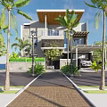 Modern Detached Villa Exterior With Palm Trees Brick Driveway Garage And Greenery