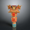 Scenic Landscape With Two Horse Head Sculptures In Brown Red Blue