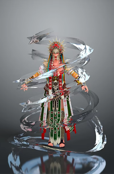 Woman in elaborate costume with headdress surrounded by ice swirls and swords on both sides 3d model