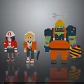 Pixelated Human Characters and Green Monster with Hats Holding Weapons 3d model