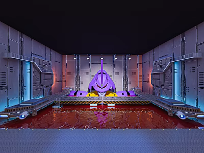 Sci Fi Cartoon Scene Featuring Large Purple Structure Glowing Blue Orange Lights Red Liquid Metallic Platforms 3d model