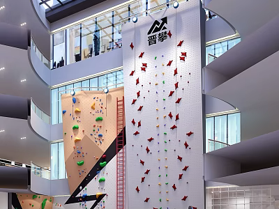 Indoor Rock Climbing Wall In Multi Story Building With Colorful Holds And Glass Windows 3d model