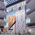 Indoor Rock Climbing Wall In Multi Story Building With Colorful Holds And Glass Windows